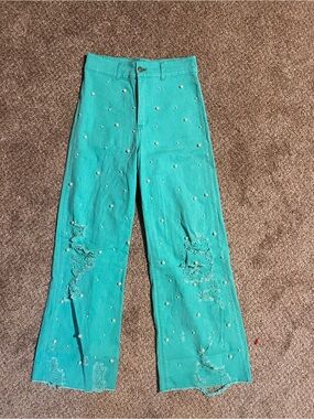 Fantastic Fawn Turquoise Wide-Leg Jeans with Pearl Studs